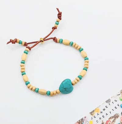 Jeannette-Creatief® - Natuursteen - Turquoise Hart - Dames Armband - Armband XL - Extra lang - Unisex - Turquoise armband - Houten armband - Natuursteen armband - Valentijn