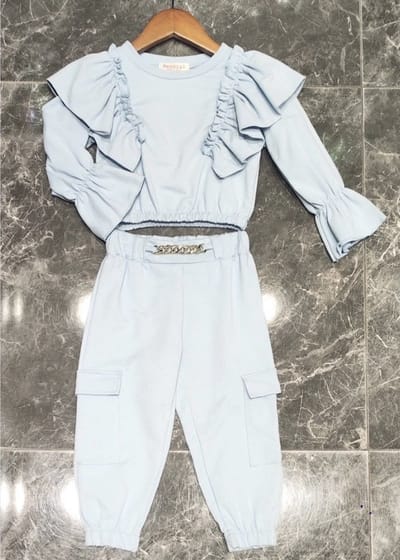Baby & Peuter Meisjes 2 Delige Set Lichtblauw – Ruffle Top & Cargo Broek – Katoen - Maat 80 t/m 104