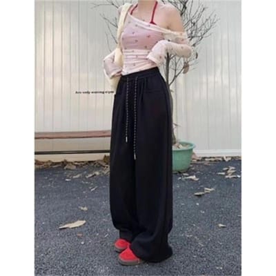 Dames casual broek wijde pijpen losse drapering lente en herfst nieuw seizoen hoge taille rechte lange broek XXL zwart