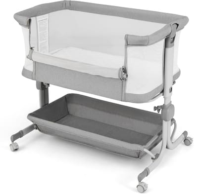COSTWAY 3-in-1 bijzetbed, reisbed baby met matras, babybed 6-voudig in hoogte verstelbaar met opbergmand en draagtas, draagbare wieg met wielen voor baby's tot 6 maanden (grijs)