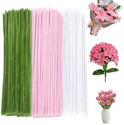 Ynkkvre - Twister Sticks - Pijpenragers - Knutselbenodigdheden - 300 stuks Dikke Twister Sticks (Wit, Groen, Lichtroze) - Knutselbenodigdheden voor Creatieve Doe-het-zelfdecoraties - Pastel Bloemen Maken Set - Inclusief Bloemendraad