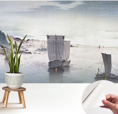 Wallfluent Zelfklevend Behang - Maritiem landschap Stickerbehang op rol - 208x146 cm - Grijs Zelfklevend Behang - Peel-and-stick techniek - Voor de woonkamer, voor het kantoor, voor de slaapkamer Zelfklevend Behang