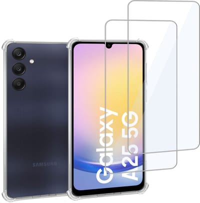 Geschikt voor Samsung Galaxy A25 - Hoesje + 2x Screenprotector – Gehard Glas Cover + Shock Proof Case – Transparant