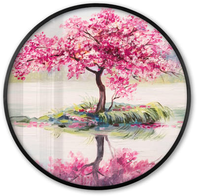 Poster in lijst Rond - Fotolijst 60x60 cm - Posters - Schilderij - Bloesem - Bloesemboom - Water - Olieverf - Ronde posterlijst zwart - Decoratie - Wanddecoratie woonkamer - Muurdecoratie slaapkamer