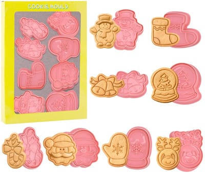 BRENZOOS- Kerstkoeksnijders set - 8 Stuks - Roze Bakvormen - Veilig Duurzaam Plastic - DIY Bakken - Feestelijke Vormen