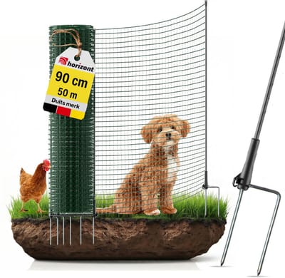 Omheiningsnet Voor o.a. Hond, Kat, Kip Of Kleine Huisdieren - 90cm Hoog - 50m lang - FIX Dubbele Pen - Verplaatsbaar Net