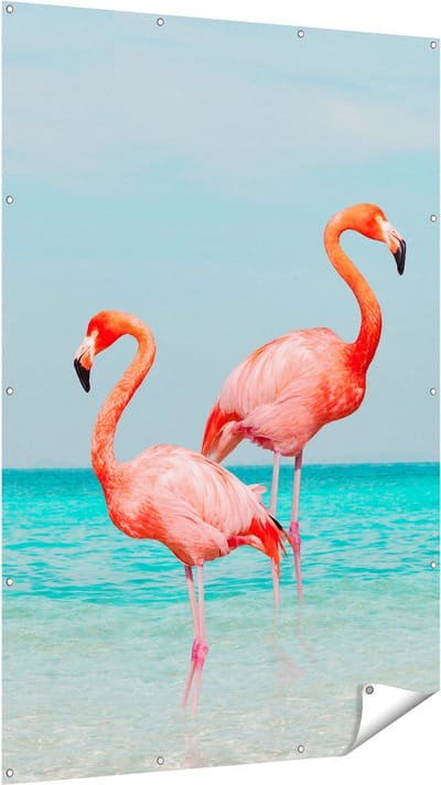 Gards Tuinposter Twee Flamingo's in het Water - 120x180 cm - Tuindoek - Tuindecoratie - Wanddecoratie buiten - Tuinschilderij