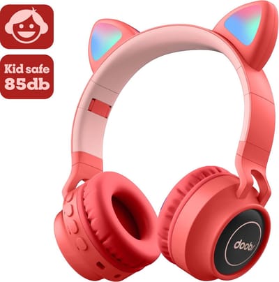 Kinder hoofdtelefoon DOBI by doobs - Draadloze koptelefoon Bluetooth met led kattenoortjes rood - KIDS - VOLUME BEGRENZING - 85DB