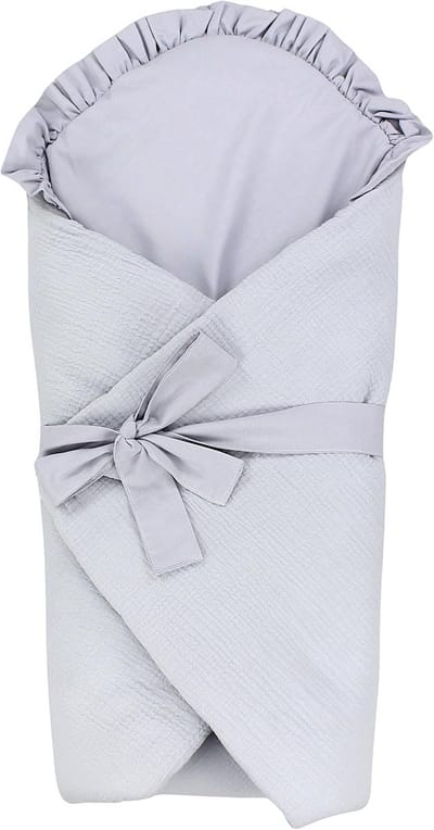 Wikkendeken voor baby met ruches en strik, muslincotton, lichtgrijs, 70 x 70 cm