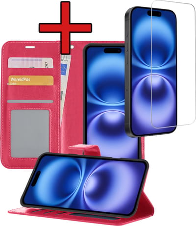 Hoesje - Met Screenprotector - Geschikt voor Apple iPhone 16 - Luxe Pasjeshouder - Flipcase - Bookcase Portemonee - Flip Case - Kunstleer Book Case - Book Cover - Walletcase - Portemonneehoes - Telefoonhoes - Donkerroze
