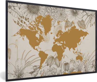 Poster in lijst - Fotolijst 90x60 cm - Posters - Wereldkaart - Goud - Bloemen - Posterlijst zwart - Decoratie - Wanddecoratie woonkamer - Muurdecoratie slaapkamer