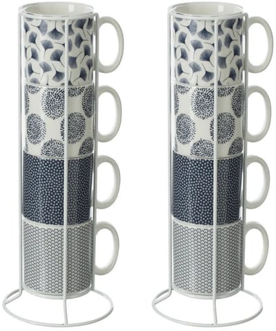 Secret de Gourmet Koffie mokken/bekers Japan - 8x stuks in metalen rekje - Keramiek - glans afwerking - 240 ml - 7 x 8 cm