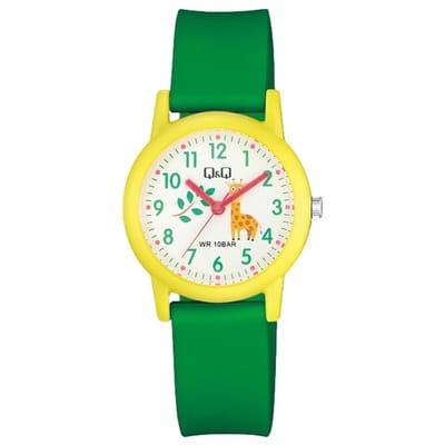 Q&Q V23A-010VY - Horloge - Polshorloges - Analoog - Kinderen - Unisex - Plastic band - Rond - Kunststof - Cijfers - Giraffe - Geel - DonkerGroen - Wit - 10 ATM