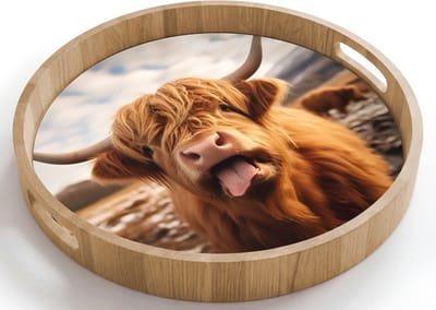 Dienblad rond 40x40 cm - Schootdienblad hout - Schotse hooglander - Tong - Hoorns - Borrelplank rechthoek - Plateau houten dienbladen