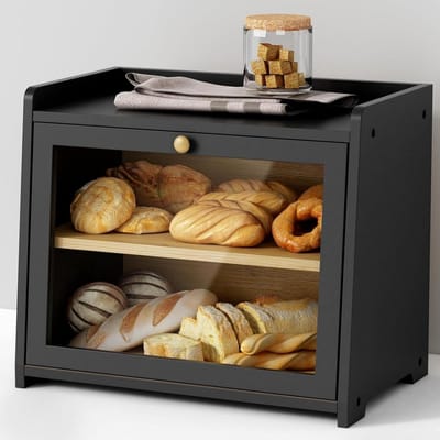 Thijox - Cookery Broodtrommel van Hout met 2 Etages - Bamboe Broodbewaarbox - Grote Broodtrommel - Zwart - Ideaal voor Keuken en Tuin