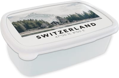 Broodtrommel Wit - Lunchbox - Brooddoos - Zwitserland - Berg - Chalet - Groen - 18x12x6 cm - Volwassenen
