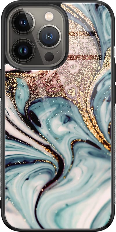 Hoesje geschikt voor iPhone 13 Pro Max - Marmer blauw goud - Luxe Glazen Hardcase - Marmer - Blauw - Leuke Telefoonhoesjes