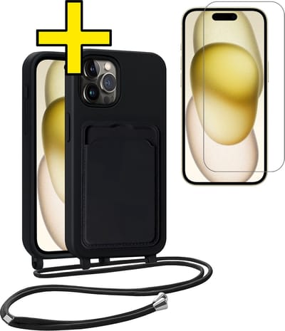 Hoesje Geschikt voor iPhone 14 Pro Telefoonhoesje Met Koord Case Pashouder Met Screenprotector Siliconen - Hoes Geschikt voor iPhone 14 Pro Hoesje Met Kaarthouder - Zwart