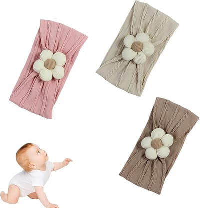 Set van 3 Elatische Haarbanden voor Baby Meisjes van Zachte Biologische Katoen - Ademend en Comfortabel in Neutrale Kleuren (Roze/Beige/Bruin)