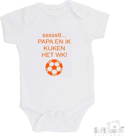 100% katoenen Romper "ssssstt Papa en ik kijken het WK" Unisex Katoen Wit Oranje Maat 62/68