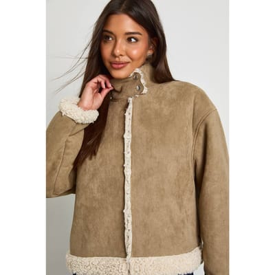 boohoo Dames Suede hoge kraag, bontgevoerde pilotenjas | Stone | Maat: 8