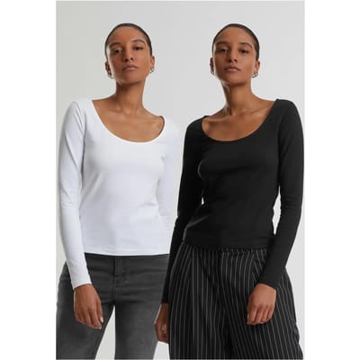 Urban Classics - Wide Neck 2pack Longsleeve top - M - Zwart/Wit