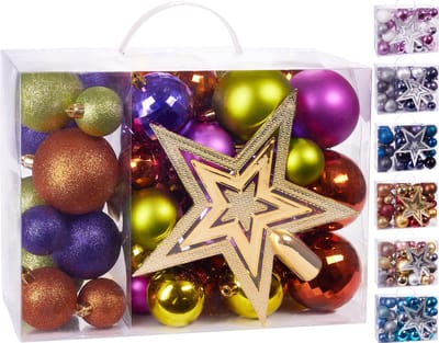 BRUBAKER 50-Delige Kerstballen Set met Boomtop - Gekleurde Kerstboomversiering in Paars Groen Oranje