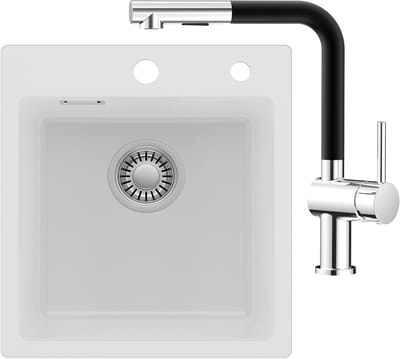 Auralum max Spoelbak Keuken 40x45CM - Spoelbakken Graniet Met Keukenkraan met 2 straalsoorten - Enkele spoelbak Wit - Met waterafvoersysteem - Voor 40 cm kast