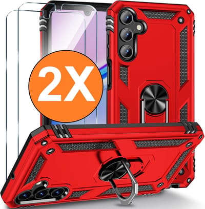 Hoesje Geschikt voor Samsung Galaxy A16 4G / 5G Hoesje Rood Anti-Shock Hybrid Armor hoesje Met Draaibare Ring Houder - Samsung A16 4G / 5G Screenprotector 2 pack