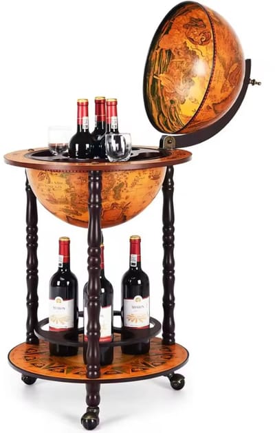 Vintage Globe Bar op Wieltjes - Antieke Wereldbol Drankenwagen - 90cm Hoog - Houten Barcart voor Wijn en Sterke Drank - Bruin/Oker