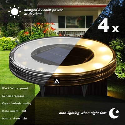 Arisenn® 360 - 4 x Solar LED Grondspot Zwart - WarmWit 3000K - Solar Tuinverlichting - Buitenlamp - Tuinverlichting op Zonne-Energie - schemerschakelaar - automatisch aan- IP67 - 600 mAh Lithium accu