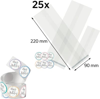 25x Uitdeelzakjes met Happy birthday stickersconfetti | 220 x 90 mm | Traktatiezakjes | Kinderfeestje | Cellofaanzakjes | Cadeauzakjes | Snoepzakjes | Plastic Zakjes | Uitdeelzakjes kinderen | Cadeauzakjes Kinderen | Verpakkingszakjes Uitdeelcadeaus