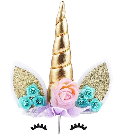 Go Go Gadget - Cake topper - Taart decoratie - Eenhoorn - Unicorn - Bloemen - Goud/ Blauw