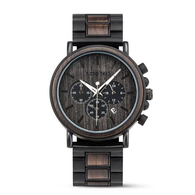 HO24-A12.4 : Zwartbruin houten Chronograaf horloge,zwarthouten plaat, band houten & RVS schakels, dag, horlogesluiting