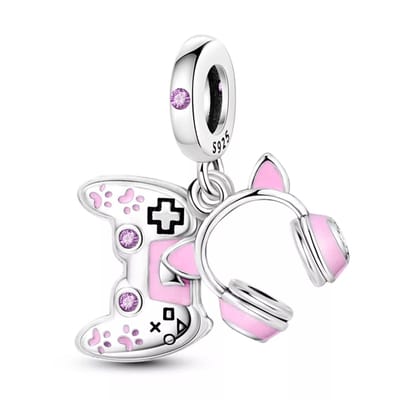 Fler® | Bedel | Past op populaire bedelarmbanden (standaard - 3mm) | Gamer Girl | Hangbedel Charm | 925 sterling zilver | Roze zirkonia | Roze & Zwarte emaille | Armband Kraal | Valentijnsdag Cadeau | Sinterklaas kado | Kerstcadeau | Verjaardag
