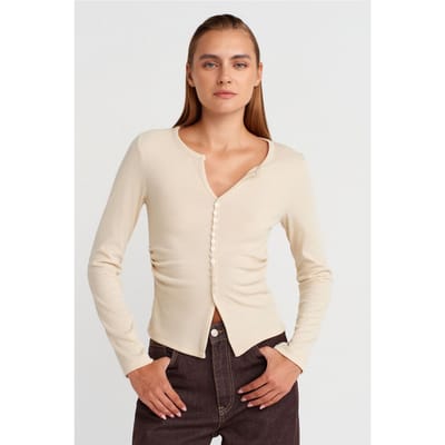 Slim Fit Geribbelde Blouse met Knopen aan de Voorkant