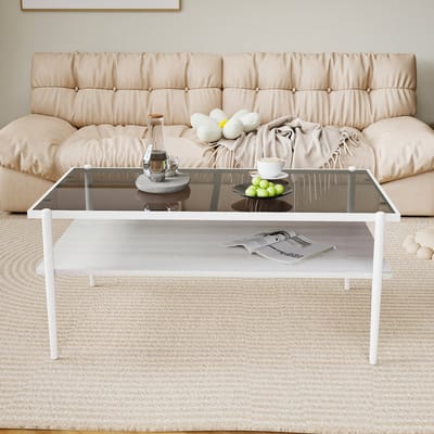 MODFU Salontafel - Gehard Glas En Metalen Poten - Modern - Voor De Woonkamer - MDF En Glas - Grijs En Wit