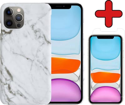 Hoesje Geschikt voor iPhone 11 Pro Hoesje Marmer Hardcover Fashion Case Hoes Met Screenprotector - Hoes Geschikt voor iPhone 11 Pro Marmer Hoesje Hardcase Back Cover - Wit