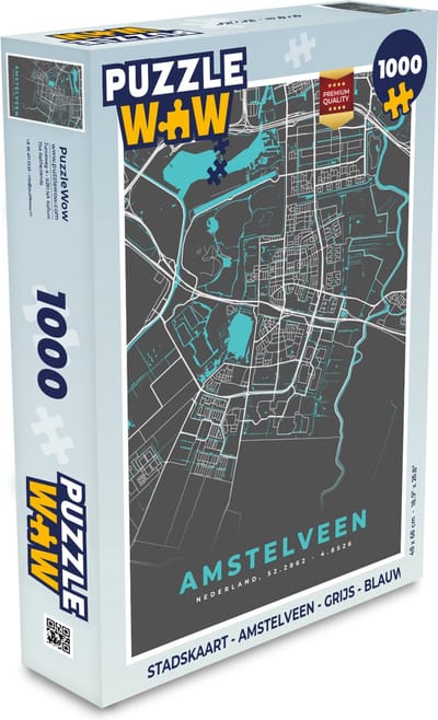Puzzel Stadskaart - Amstelveen - Grijs - Blauw - Legpuzzel - Puzzel 1000 stukjes volwassenen - Plattegrond