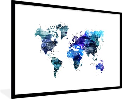 Poster in lijst - Fotolijst 120x80 cm - Posters - Wereldkaart - Blauw - Sterrenhemel - Kinderen - Jongens - Meisjes - Posterlijst zwart - Decoratie - Wanddecoratie woonkamer - Muurdecoratie slaapkamer