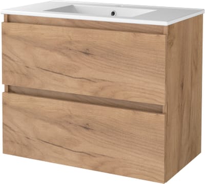 Basic Start 46 badmeubelset met greeploze wastafelonderkast met 2 lades en porseleinen wastafel met 1 kraangat 80 x 46 cm, whisky oak
