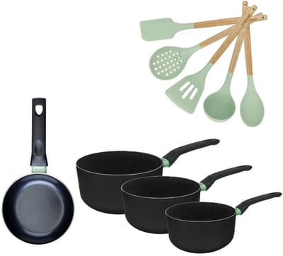 Set Koekenpan 16cm en 3 Kookpannen 16/18/20cm Fackelmann Brandao met 5 keukengerei Oceaan