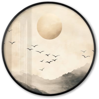 Poster in lijst Rond - Fotolijst 60x60 cm - Posters - Landschap - Japandi - vogel - Ronde posterlijst zwart - Decoratie - Wanddecoratie woonkamer - Muurdecoratie slaapkamer