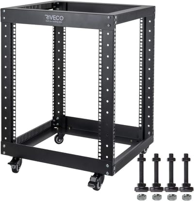 12U Server Rack Open Frame 4 Post met Wielen - 19 inch Netwerk Meetkast Zwart