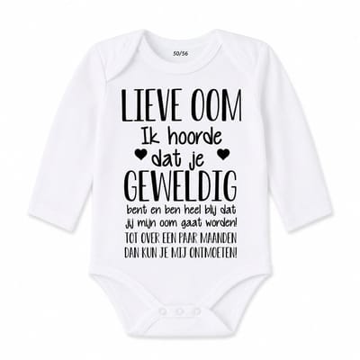 Baby rompertje met tekst | Lieve Oom Ik hoorde dat je geweldig bent en ben heel blij dat jij mijn oom gaat worden! ontmoeten! | lange mouw | maat 50-56 | aankondiging bekendmaking zwangerschap cadeau voor de liefste aanstaande