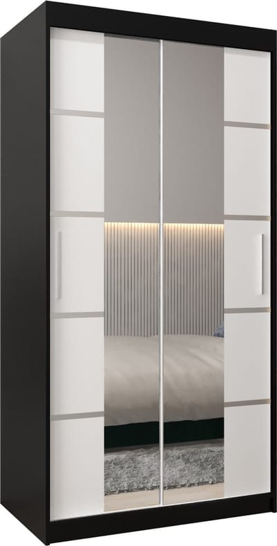 InspireMe - Kledingkast met 2 schuifdeuren, Modern-stijl, Kledingkast met planken (BxHxD): 100x200x62 - VENTILA IV 100 Zwart Mat + Wit Mat