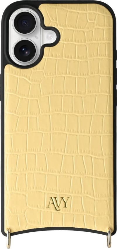 AVY Leren Hoesje geschikt voor Apple iPhone 17 | Compatibel met MagSafe | Leather Case | Back Cover | Haakjes voor koord | Croco Geel