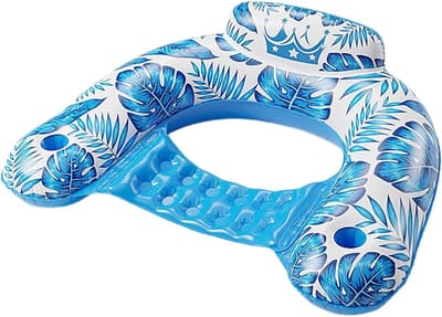 Opblaasbare drijfstoel met bekerhouder en handgrepen, ergonomische hoofdsteun, U-vormige zitting, zwembadligstoel, sneldrogend drijfoppervlak, waterhangmat, geschikt voor kinderen en volwassenen, blauw.