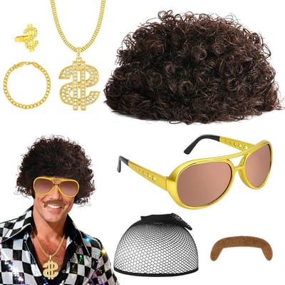 Disco Afro Peruk voor Mannen met 80 Gouden Kettingen, Zonnebril, Ringen en Baard - Vintage Haar Outfit voor Rockster Kostuum en Halloween Cosplay