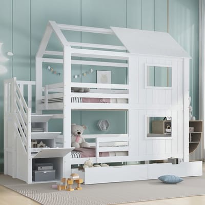 PHOEBE CAT Stapelbed - 90x200cm - Kinderbed - 2 lades - Huisontwerp - Grenenhout + MDF - Wit